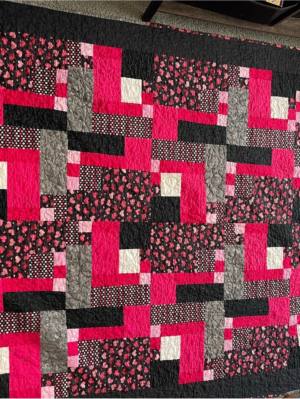 Handmade Black & Hot Pink Patchwork Quilt - Brand Unspecified